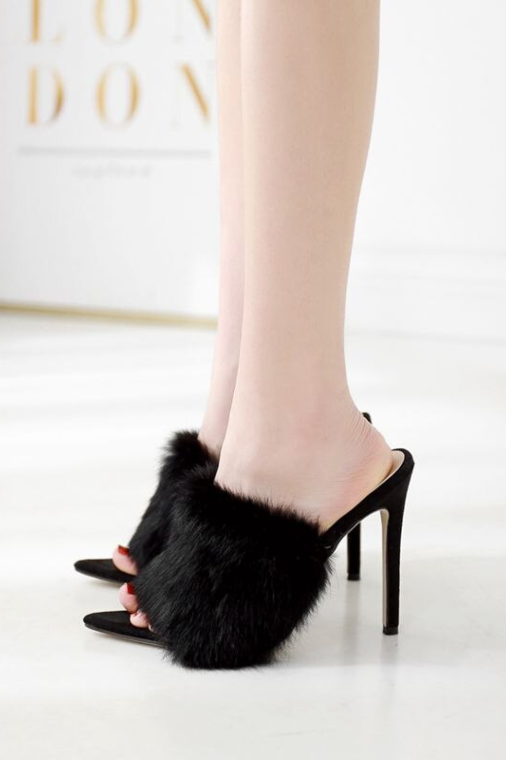 DINSIM Black Faux Fur Stiletto Mule Sanda - Image 2