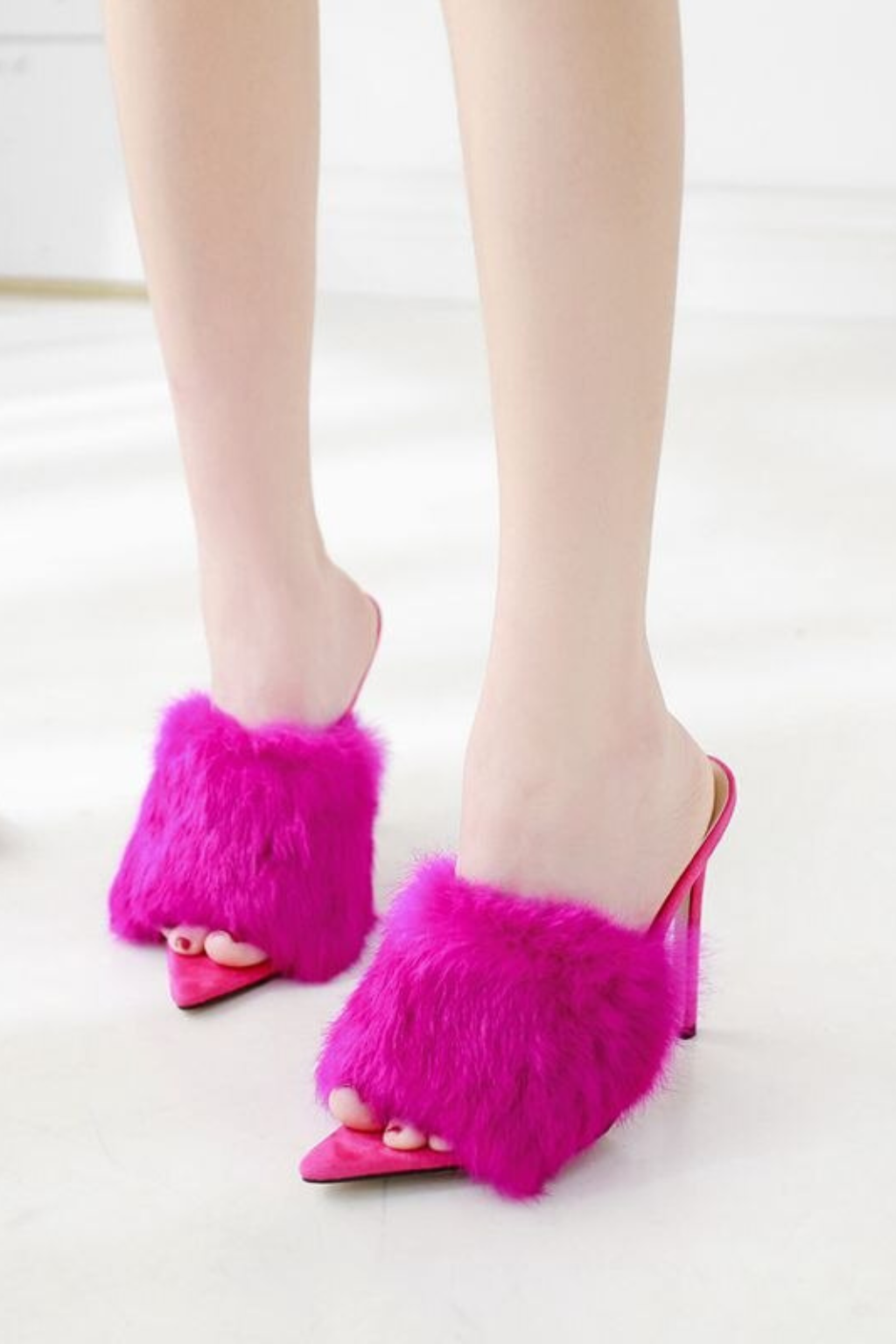 DINSIM Fuchsia Faux Fur Stiletto Mule Sandal - Image 3